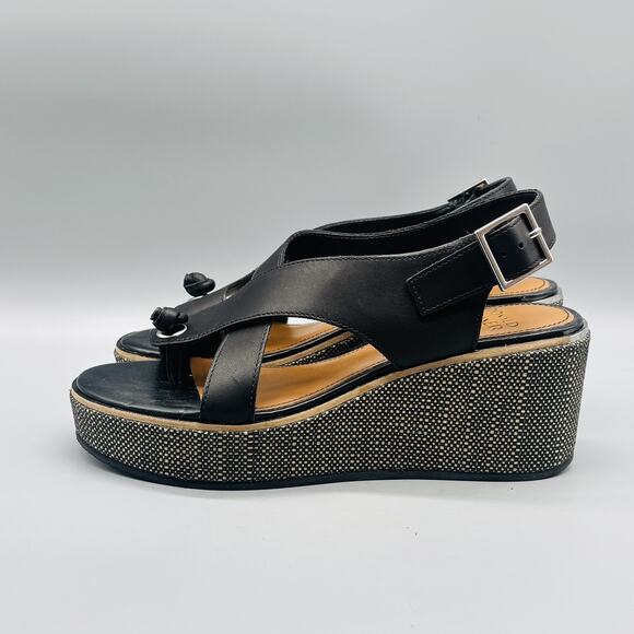 Donald J Pliner Sandals Womens 7 Black Leather Almee Slingback Wedge Platform - Picture 4 of 10